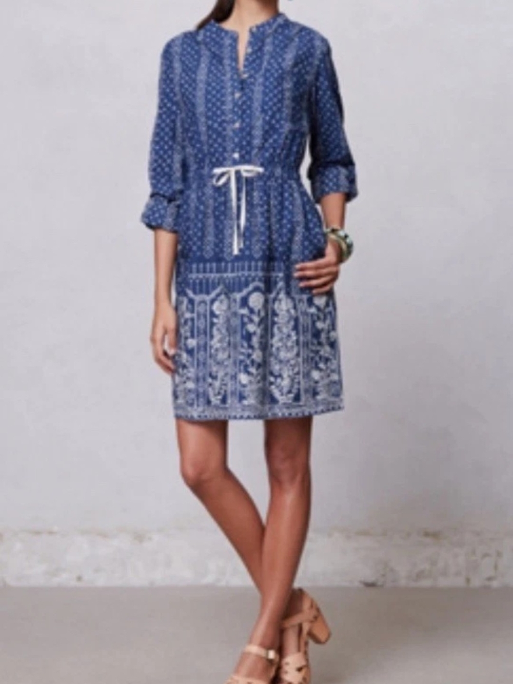 🌼B2G1🌼 Anthropologie Meadow Rue Blue Printed Tie-Waist Mini Dress NWOT